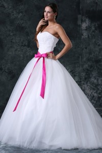 Beading And Sash Zipper Up Tulle Wedding Dress With Strapless