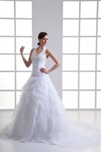 Halter Top Appliques And Ruching Court Train Wedding Dress