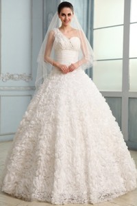 One Shoulder Brush Train Wedding Dress With Beading And Ruffles