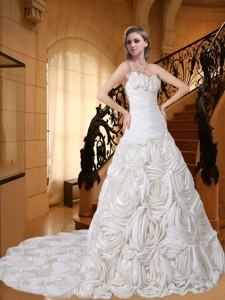Beautiful Sweetheart Court Train Fabric With Rolling Flowers Ruching Wedding Dress