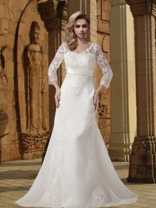 White A Line V Neck Court Train Wedding Dress With 34 Sleeves