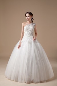 Best Ball Gown One Shoulder Floor-length Satin And Tulle Appliques Wedding Dress 