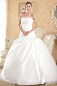 White Ball Gown Strapless Court Train Tulle and Taffeta Beading Wedding Dress 