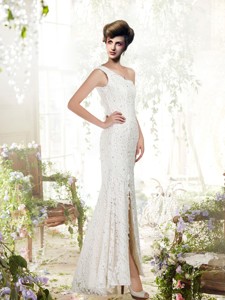White Column One Shoulder Lace Beading Wedding Dress with Floor Length 