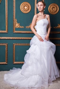 Beautiful One Shoulder Court Train Organza Appliques Wedding Dress
