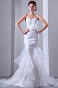 Fashionbale Mermaid Spaghetti Straps Brush Train Satin and Organza Ruffles Wedding Dress 
