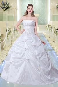 Modest A Line Strapless Court Train Wedding Dress with Embroidery 