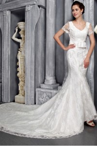 Beautiful Column/Sheath V-neck Chapel Train Lace Sash Wedding Dress 