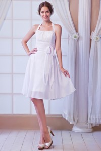 White Halter Knee-length Chiffon Ruch Prom Dress