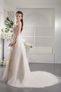 White Column Strapless Court Train Beading Organza Wedding Dress 