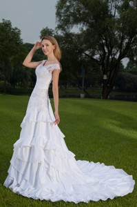 White Off The Shoulder Court Train Taffeta Lace And Ruch Wedding Dress