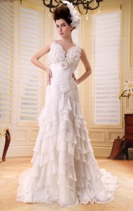 Column Ruffled Layeres Hand Made Flowers Wedding Dress With Chiffon In Wedding Party 