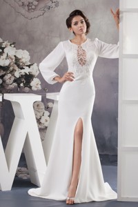 Scoop High Slitted Wedding Dress with Brush Train and Long Sleeves 
