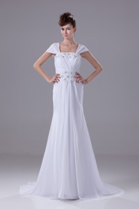Beaded and Appliqued Square Brush Train Wedding Gown with Cap Sleeves 