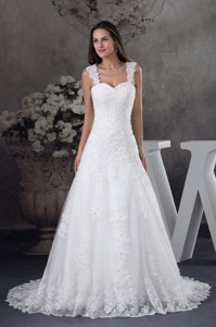 Straps Lace Wedding Dress With Brush Train