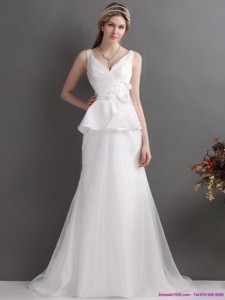 Ruching White V Neck Ruffled Wedding Dress With Brush Train