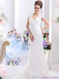 Popular White V Neck Lace Bridal Gown With Brush Train