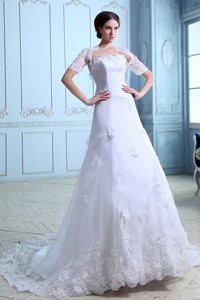 Beautiful Strapless Court Train Lace Hand Made Flowers Wedding Dress