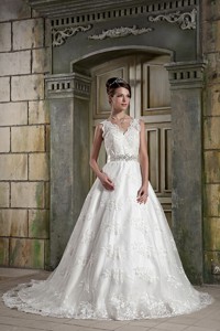 Beautiful V-neck Chapel Train Lace Beading Wedding Dress