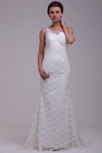 One Shoulder Column Lace Organza Brush Train Wedding Dress 