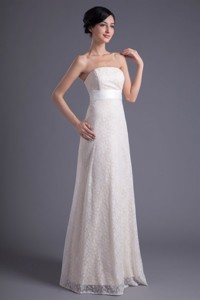 Column Strapless White Lace Belt Floor-length Wedding Dress 