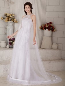 Perfect Column High-neck Brush Train Organza Beading Wedding Dress 