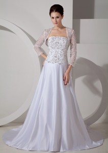 Romantic Strapless Court Train Satin Embroidery Wedding Dress