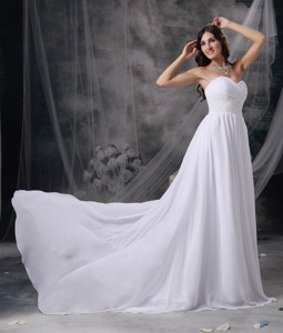 White Empire Sweetheart Court Train Chiffon Appliques and Ruch Wedding Dress 