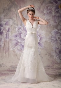 Modest V-neck Court Train Taffeta And Organza Lace Wedding Dress