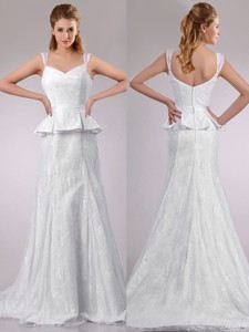 Fashionable Column V Neck Court Train Bridal Dress in Lace 