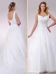 Classical Straps Beaded Tulle Wedding Dress With Court Train