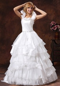Custom Made Scoop Ball Gown Ruffled Layered Wedding Dress With Sash Organza