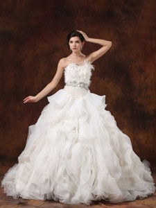 Beaded Decorate Bodice Ruffled Layers Feather Ball Gown Wedding Dress Sweetheart Chapel Tra