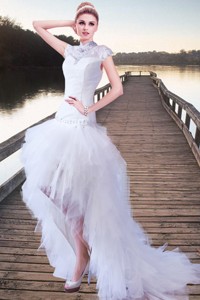 Fashionable A Line High Neck Beading Wedding Dress with High Low 
