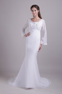 White Trumpet/Mremaid Scoop Brush Train Chiffon and Satin Embroidery Wedding Dress 