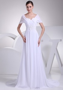Empire Square Short Sleeves Wedding Dress With Appliques And Ruching