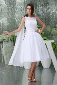 Affordable Scoop Tea-length Bridal Gown In White Withh Watteau Train