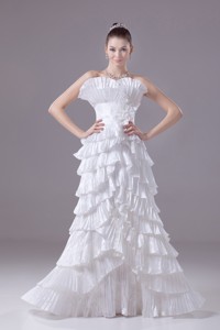 Ruffles and Pleat Strapless Column White long Wedding Dress 