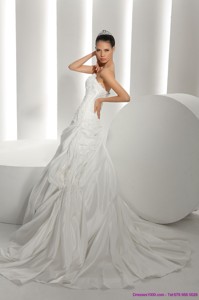Unique White Brush Train Strapless Bridal Dress With Ruffles