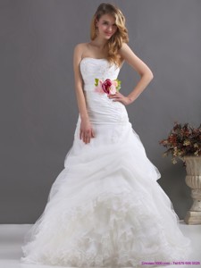 Perfect Ruffles Strapless White Wedding Dress With Hand Made Flower