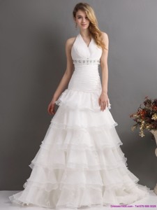 White Halter Top Beading Wedding Dress With Ruffled Layers And Brush Train