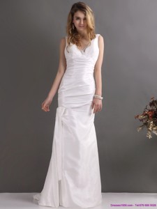 Perfect White V Neck Ruching Bridal Dress With Brush Train