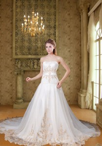 Affordable Strapless Chapel Train Embroidery Wedding Dress