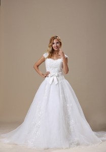Square Cap Sleeves and Sash For Wedding Dress With Lace Bodice 