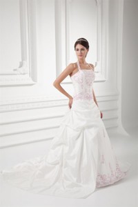 Elegant Halter Top Court Train Wedding Dress with Embroidery and Pick-ups 