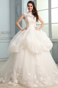 Ball Gown High Neck Beading and Flowers Wedding Dress with Organza 