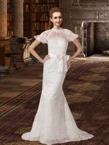 Fashionable Column Brush Train Lace Wedding Dress With High Neck