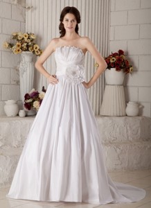 Elegant Strapless Brush Train Taffeta Beading And Hand Made Flower Wedding Dress