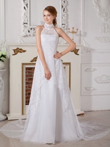Lovely High-neck Court Train Lace And Chiffon Bowknot Wedding Dress