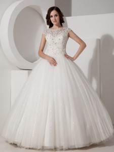 Luxurious Ball Gown High-neck Floor-length Sequined and Lace Wedding Dress 
